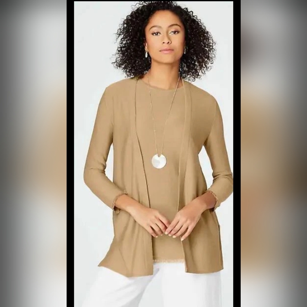 J Jill 2 Piece Linen Blend Neutral Boho Fringe Open Front Cardigan Tank Size 3X